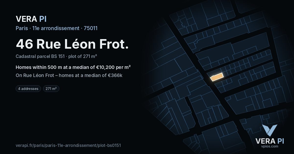 46 Rue Léon Frot, 11e arrondissement at night – the plot lit, the parcels around coloured by the prices near them
