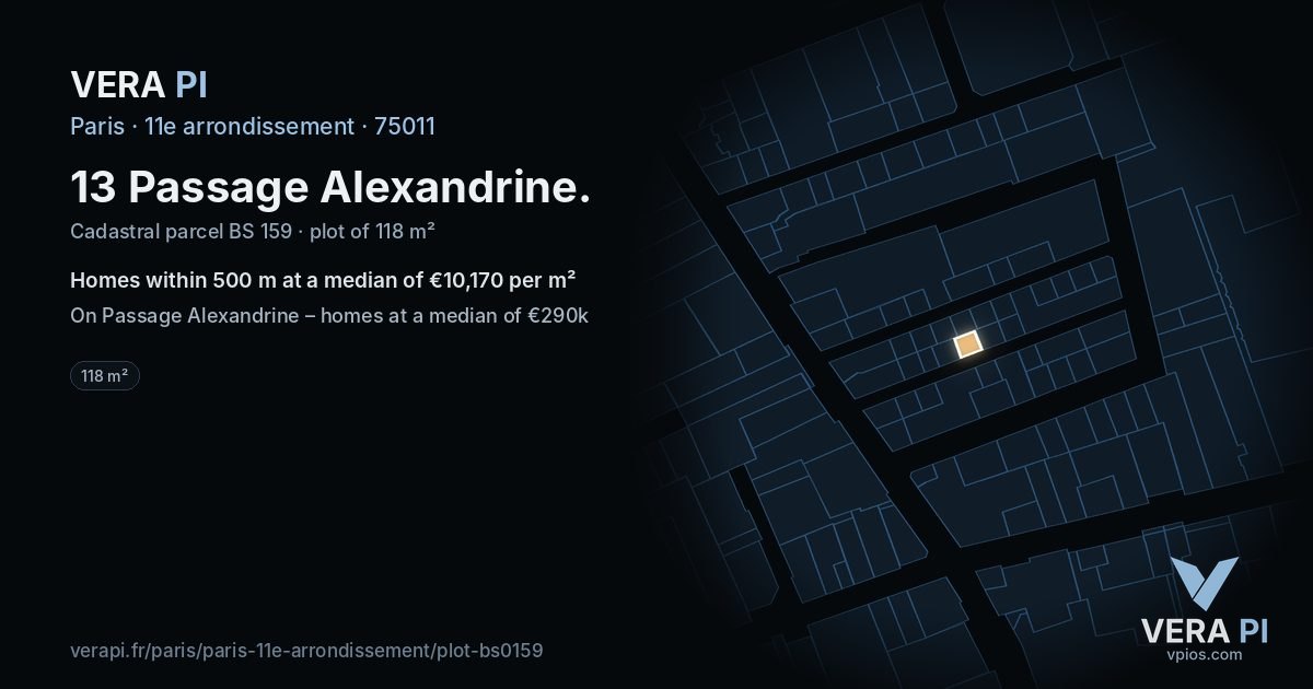 13 Passage Alexandrine, 11e arrondissement at night – the plot lit, the parcels around coloured by the prices near them