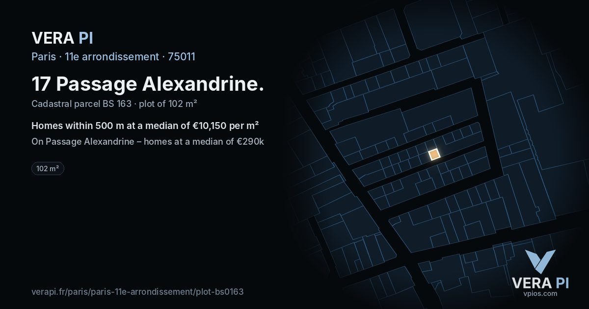 17 Passage Alexandrine, 11e arrondissement at night – the plot lit, the parcels around coloured by the prices near them