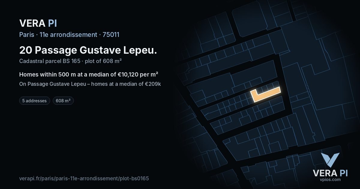20 Passage Gustave Lepeu, 11e arrondissement at night – the plot lit, the parcels around coloured by the prices near them