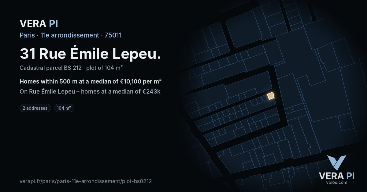 31 Rue Émile Lepeu, 11e arrondissement at night – the plot lit, the parcels around coloured by the prices near them