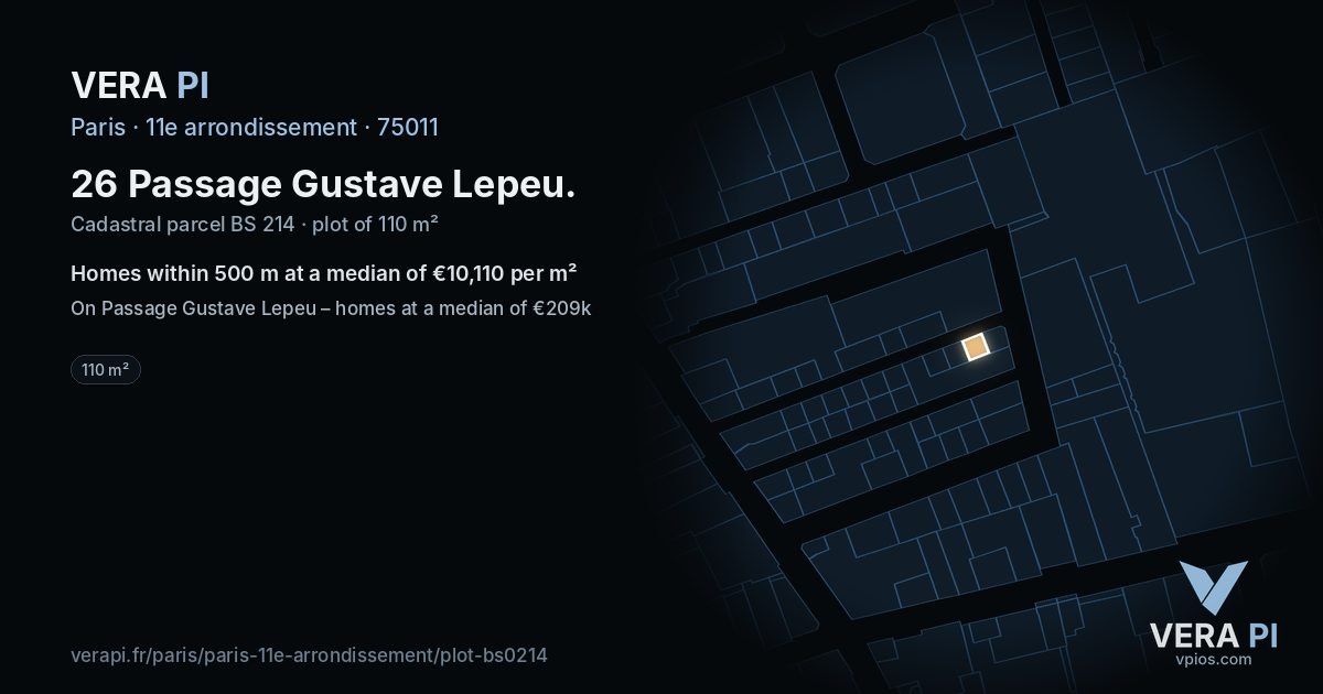 26 Passage Gustave Lepeu, 11e arrondissement at night – the plot lit, the parcels around coloured by the prices near them