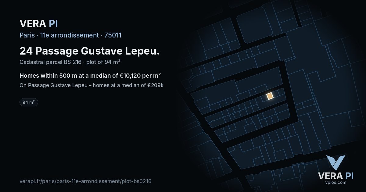 24 Passage Gustave Lepeu, 11e arrondissement at night – the plot lit, the parcels around coloured by the prices near them
