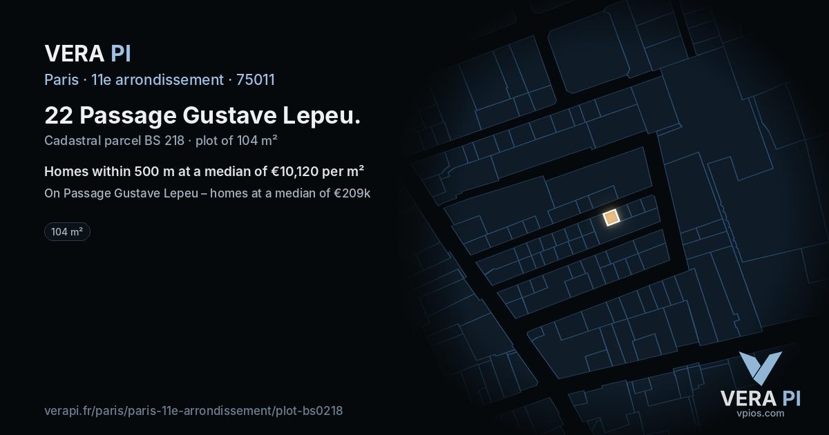 22 Passage Gustave Lepeu, 11e arrondissement at night – the plot lit, the parcels around coloured by the prices near them