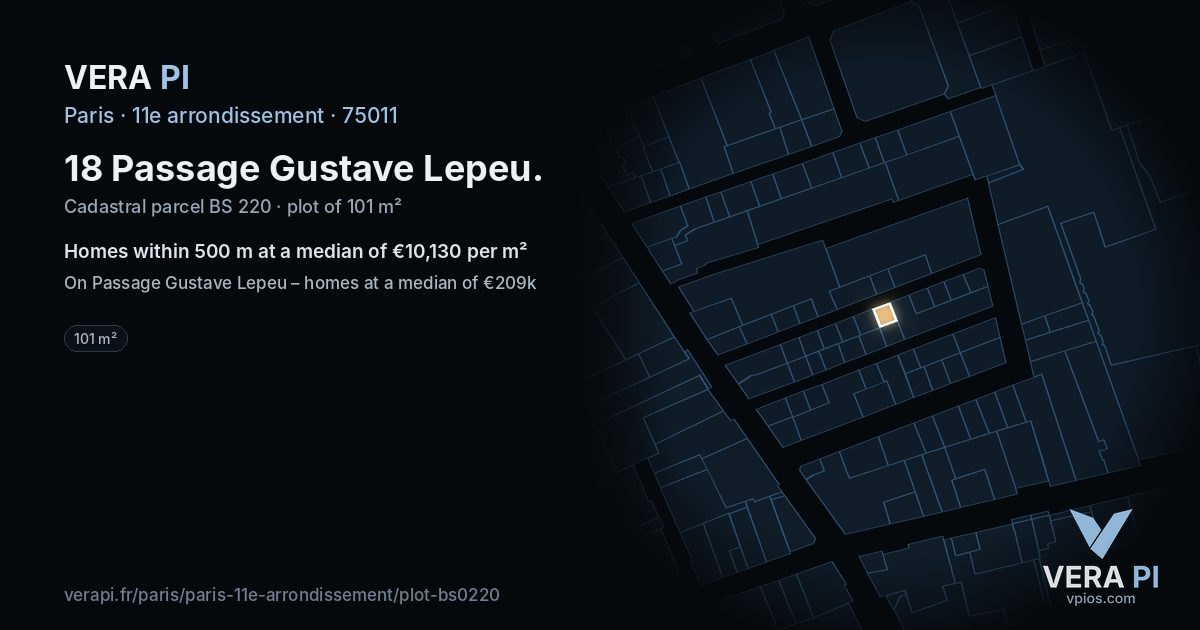 18 Passage Gustave Lepeu, 11e arrondissement at night – the plot lit, the parcels around coloured by the prices near them