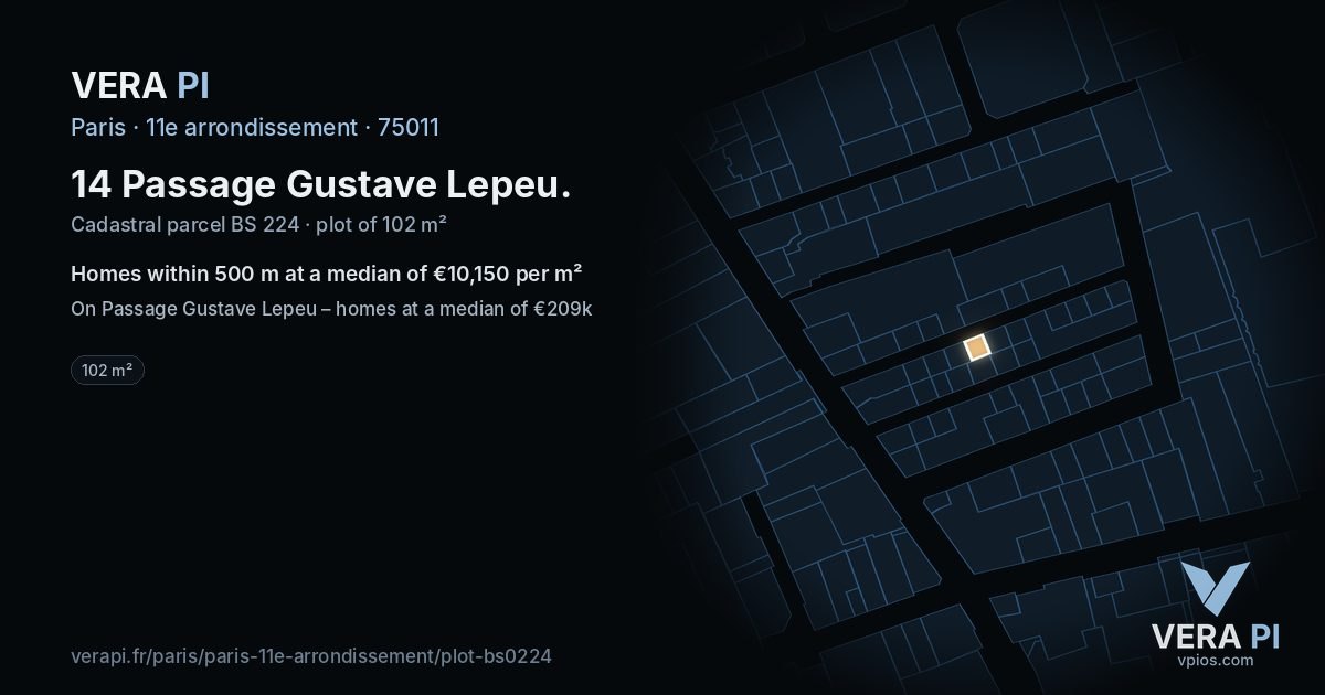 14 Passage Gustave Lepeu, 11e arrondissement at night – the plot lit, the parcels around coloured by the prices near them