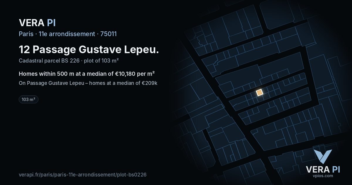 12 Passage Gustave Lepeu, 11e arrondissement at night – the plot lit, the parcels around coloured by the prices near them