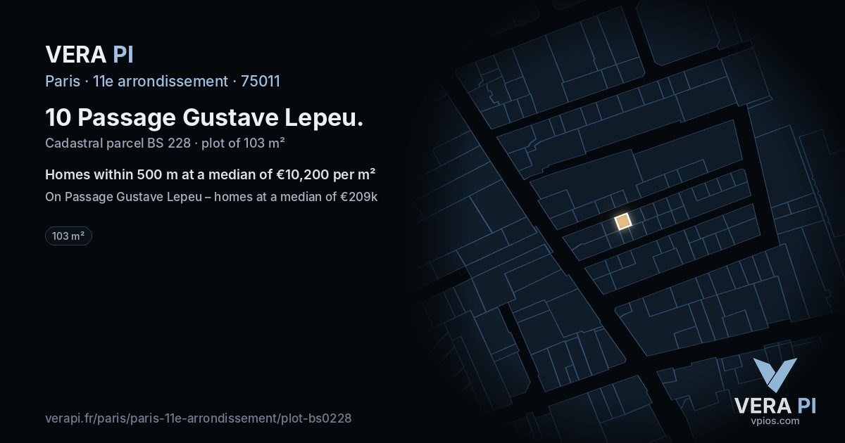 10 Passage Gustave Lepeu, 11e arrondissement at night – the plot lit, the parcels around coloured by the prices near them