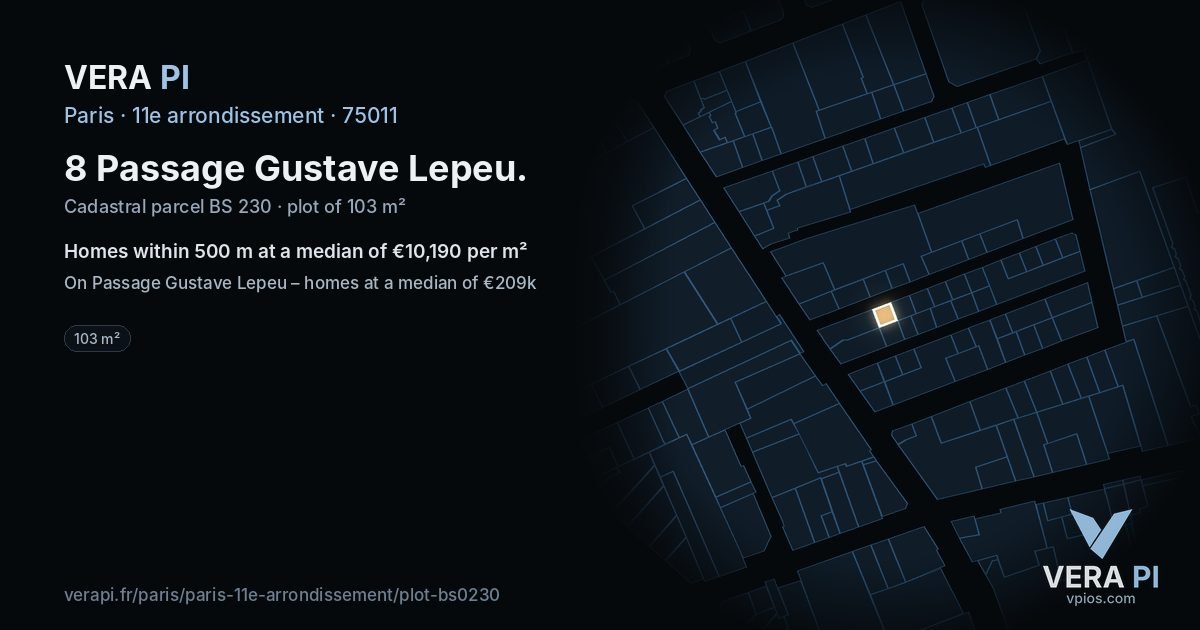 8 Passage Gustave Lepeu, 11e arrondissement at night – the plot lit, the parcels around coloured by the prices near them