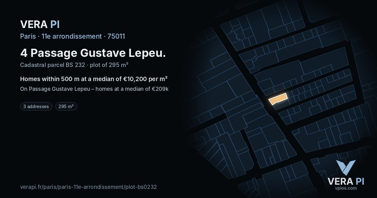 4 Passage Gustave Lepeu, 11e arrondissement at night – the plot lit, the parcels around coloured by the prices near them