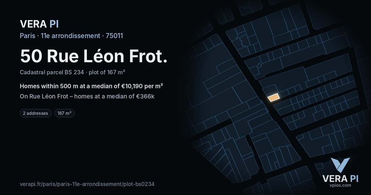 50 Rue Léon Frot, 11e arrondissement at night – the plot lit, the parcels around coloured by the prices near them