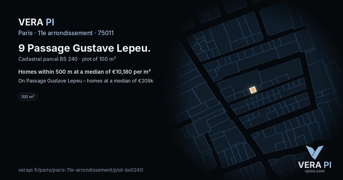 9 Passage Gustave Lepeu, 11e arrondissement at night – the plot lit, the parcels around coloured by the prices near them