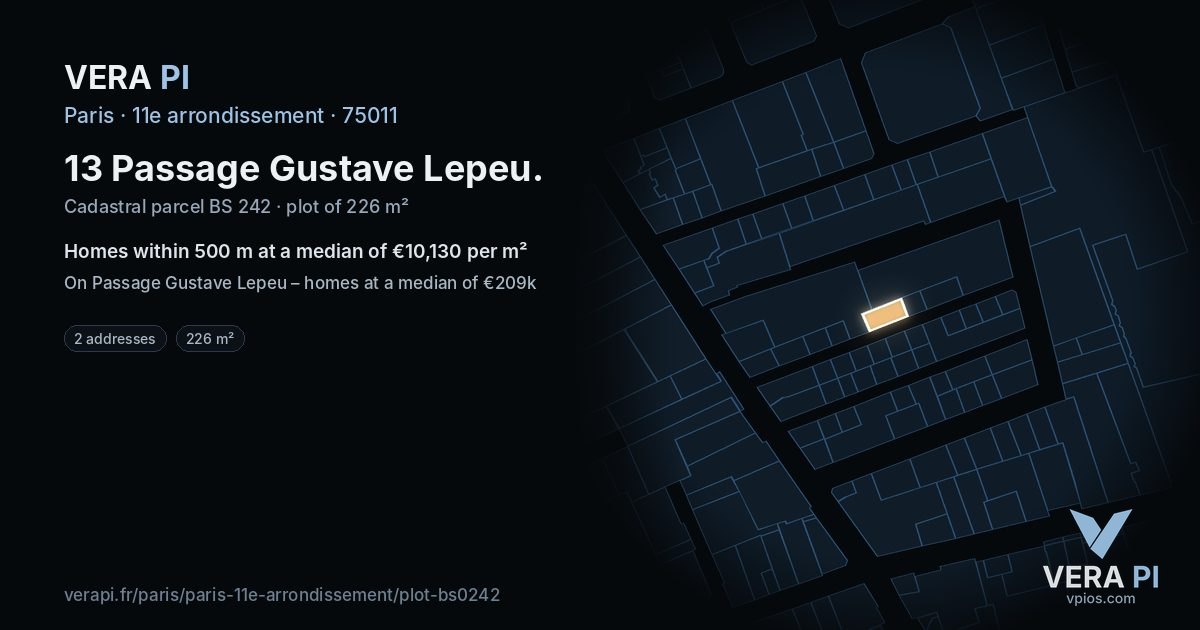 13 Passage Gustave Lepeu, 11e arrondissement at night – the plot lit, the parcels around coloured by the prices near them