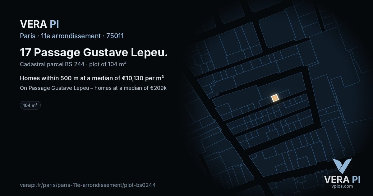 17 Passage Gustave Lepeu, 11e arrondissement at night – the plot lit, the parcels around coloured by the prices near them