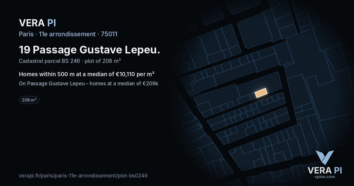 19 Passage Gustave Lepeu, 11e arrondissement at night – the plot lit, the parcels around coloured by the prices near them