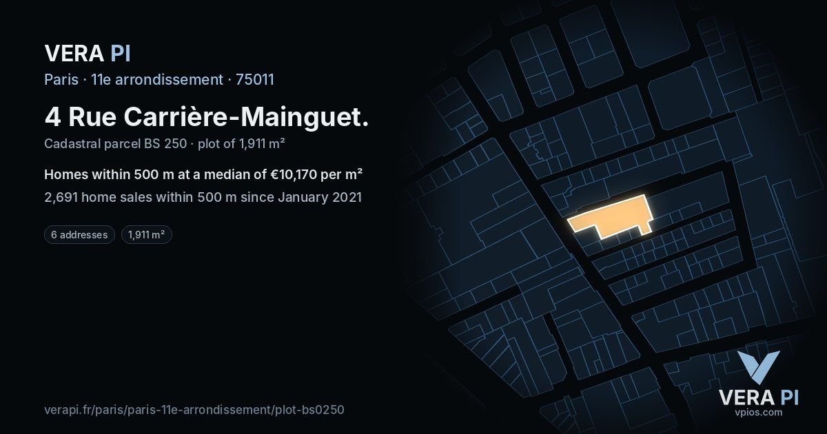 4 Rue Carrière-Mainguet, 11e arrondissement at night – the plot lit, the parcels around coloured by the prices near them