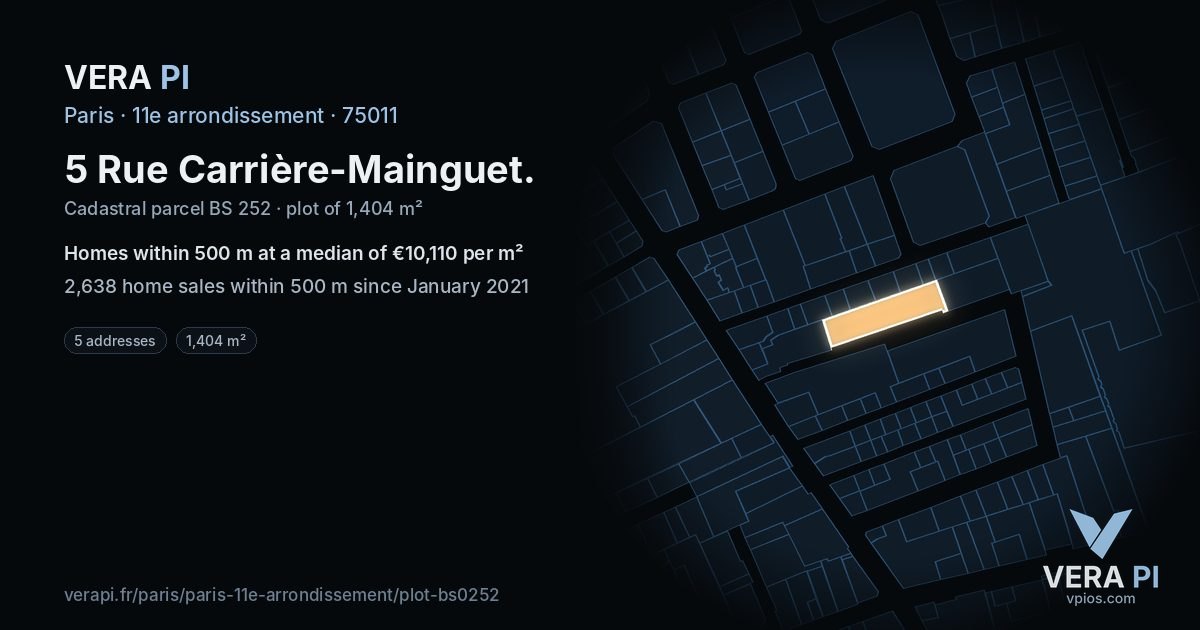 5 Rue Carrière-Mainguet, 11e arrondissement at night – the plot lit, the parcels around coloured by the prices near them