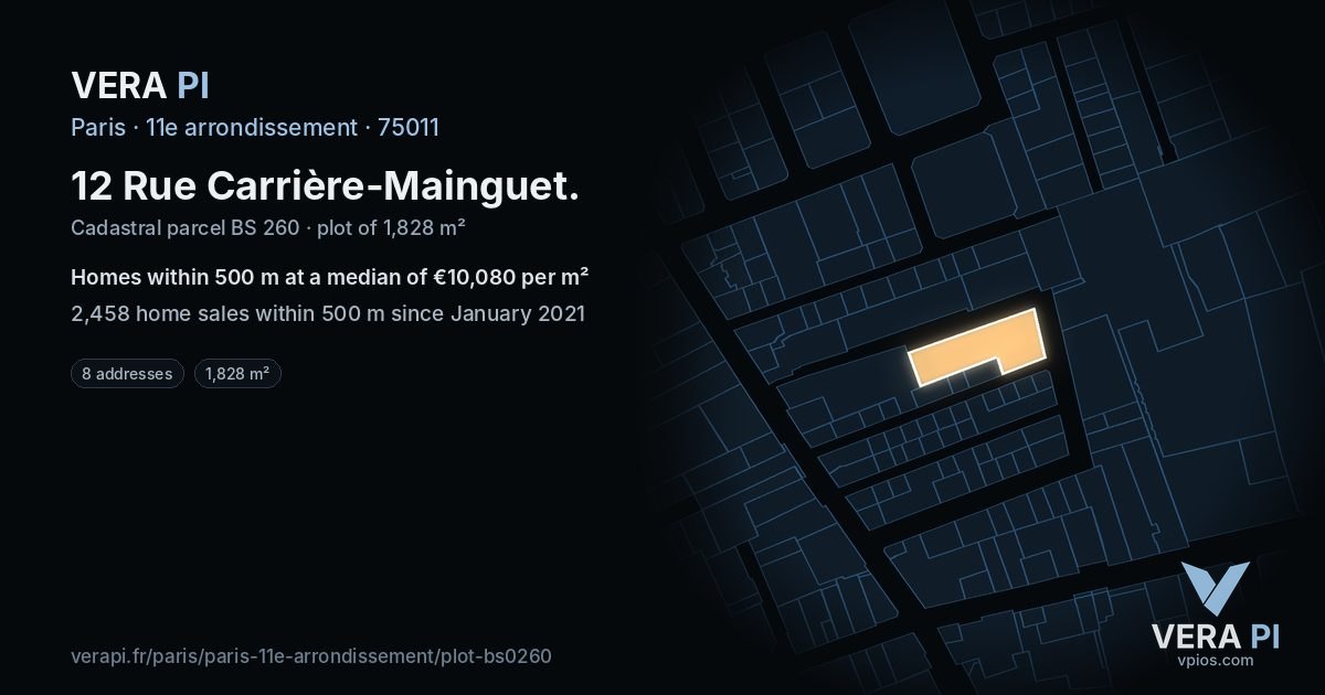 12 Rue Carrière-Mainguet, 11e arrondissement at night – the plot lit, the parcels around coloured by the prices near them