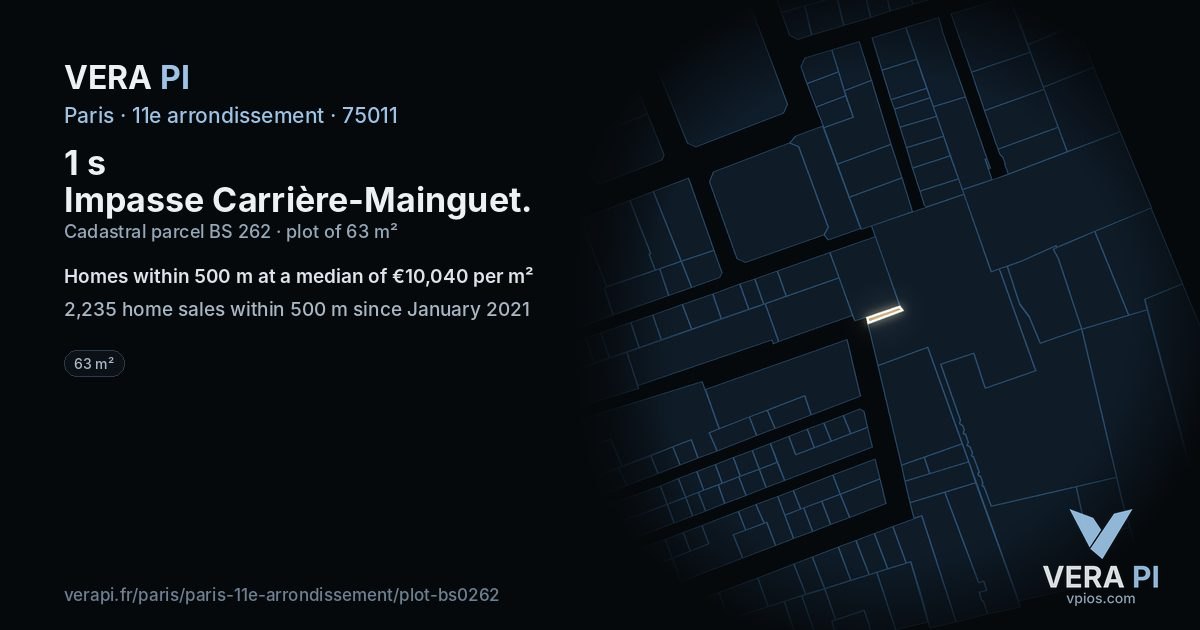 1 s Impasse Carrière-Mainguet, 11e arrondissement at night – the plot lit, the parcels around coloured by the prices near them