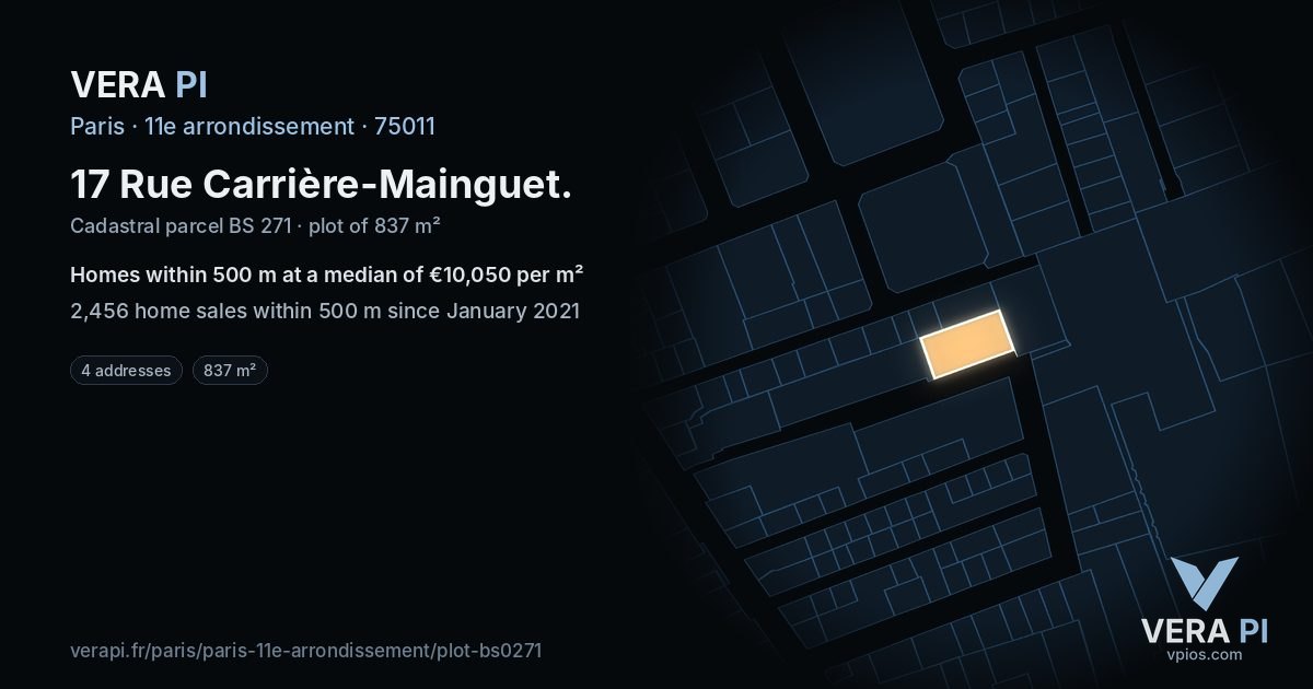 17 Rue Carrière-Mainguet, 11e arrondissement at night – the plot lit, the parcels around coloured by the prices near them