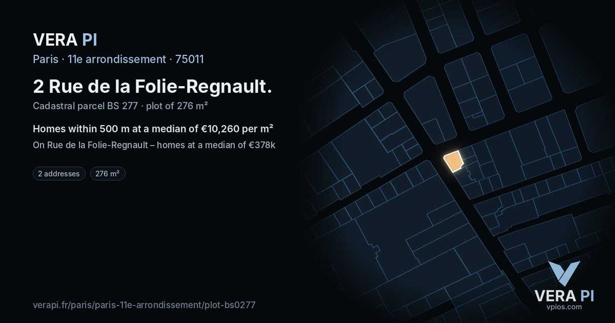 2 Rue de la Folie-Regnault, 11e arrondissement at night – the plot lit, the parcels around coloured by the prices near them