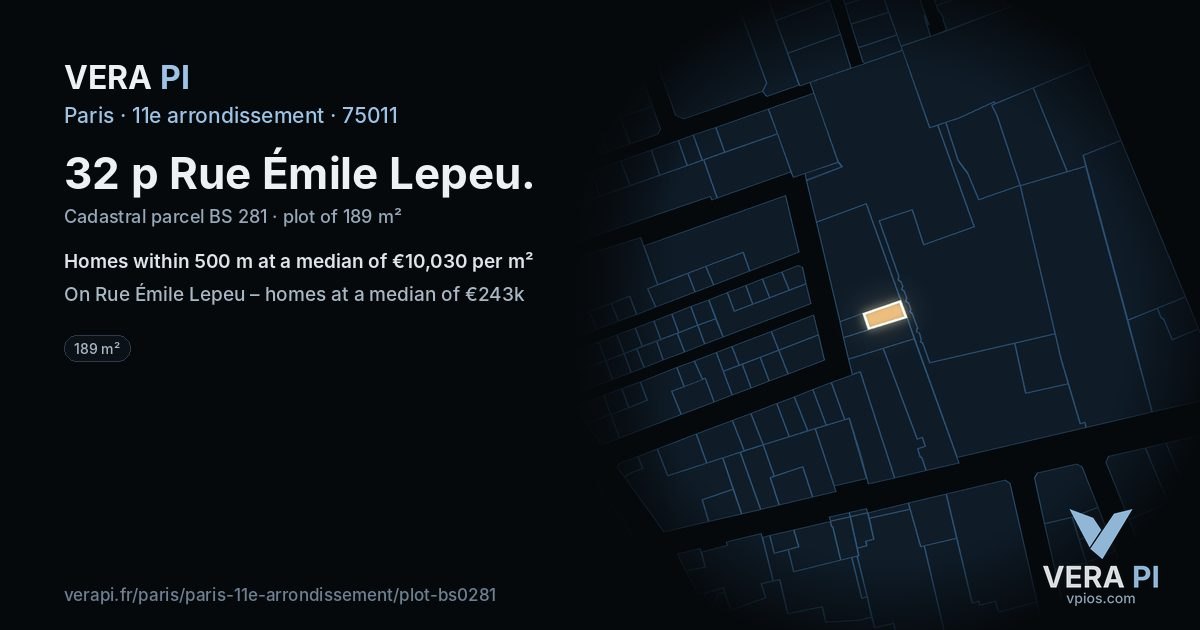 32 p Rue Émile Lepeu, 11e arrondissement at night – the plot lit, the parcels around coloured by the prices near them
