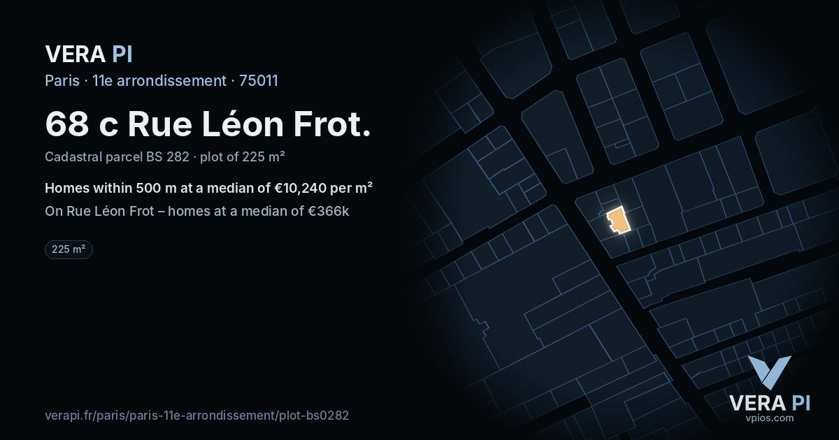 68 c Rue Léon Frot, 11e arrondissement at night – the plot lit, the parcels around coloured by the prices near them