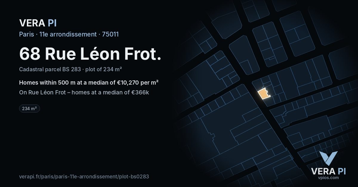 68 Rue Léon Frot, 11e arrondissement at night – the plot lit, the parcels around coloured by the prices near them