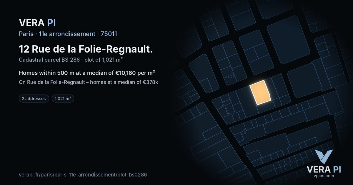 12 Rue de la Folie-Regnault, 11e arrondissement at night – the plot lit, the parcels around coloured by the prices near them