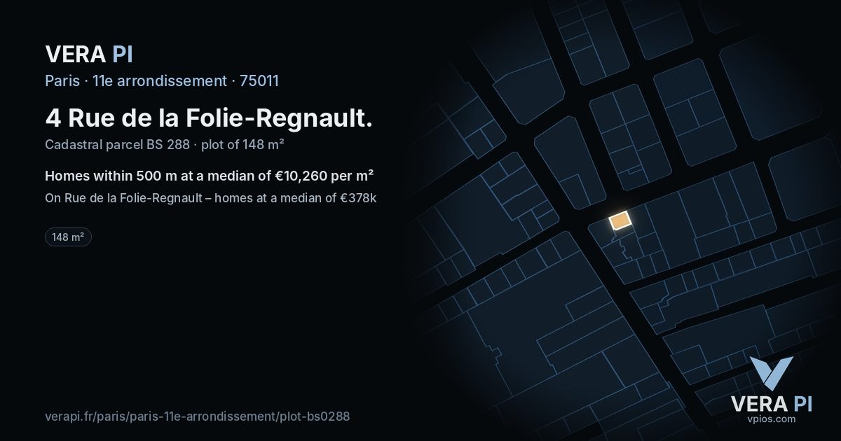 4 Rue de la Folie-Regnault, 11e arrondissement at night – the plot lit, the parcels around coloured by the prices near them
