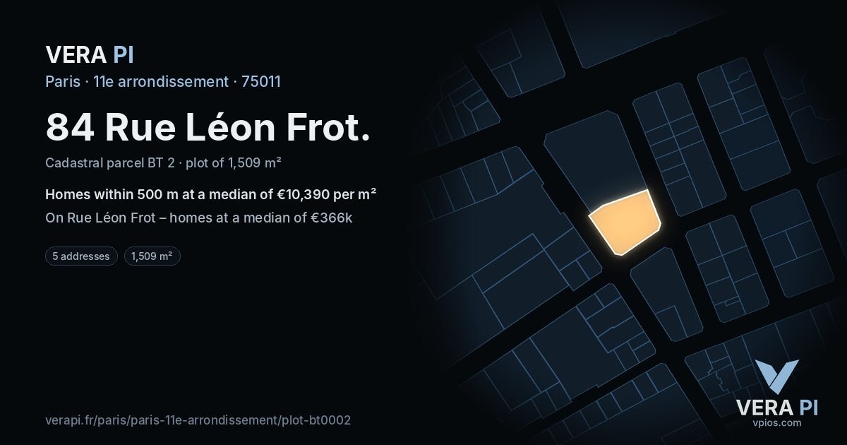 84 Rue Léon Frot, 11e arrondissement at night – the plot lit, the parcels around coloured by the prices near them
