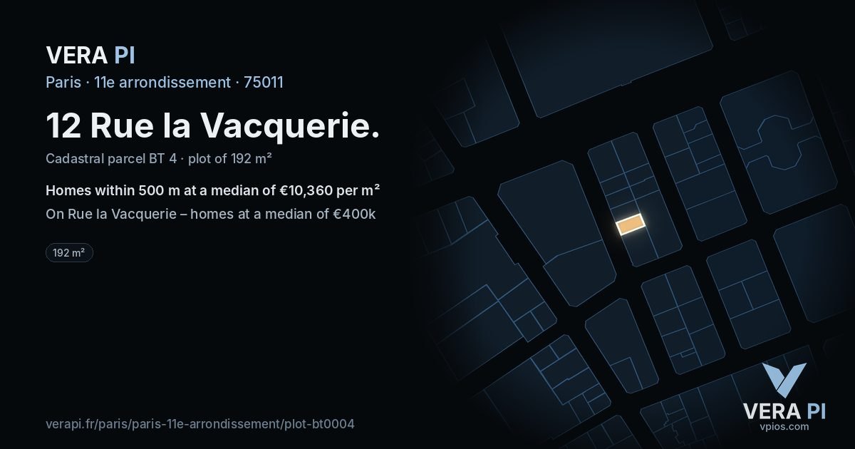 12 Rue la Vacquerie, 11e arrondissement at night – the plot lit, the parcels around coloured by the prices near them