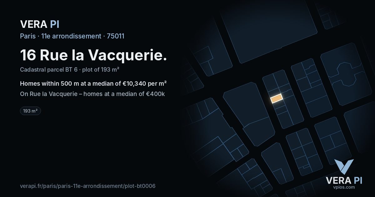 16 Rue la Vacquerie, 11e arrondissement at night – the plot lit, the parcels around coloured by the prices near them