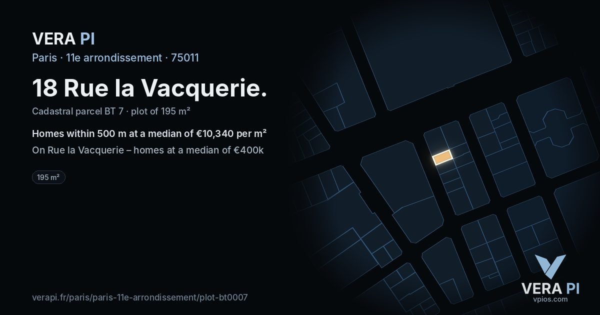 18 Rue la Vacquerie, 11e arrondissement at night – the plot lit, the parcels around coloured by the prices near them