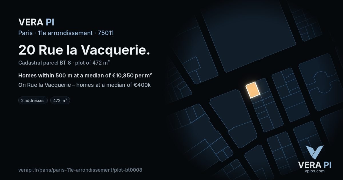 20 Rue la Vacquerie, 11e arrondissement at night – the plot lit, the parcels around coloured by the prices near them