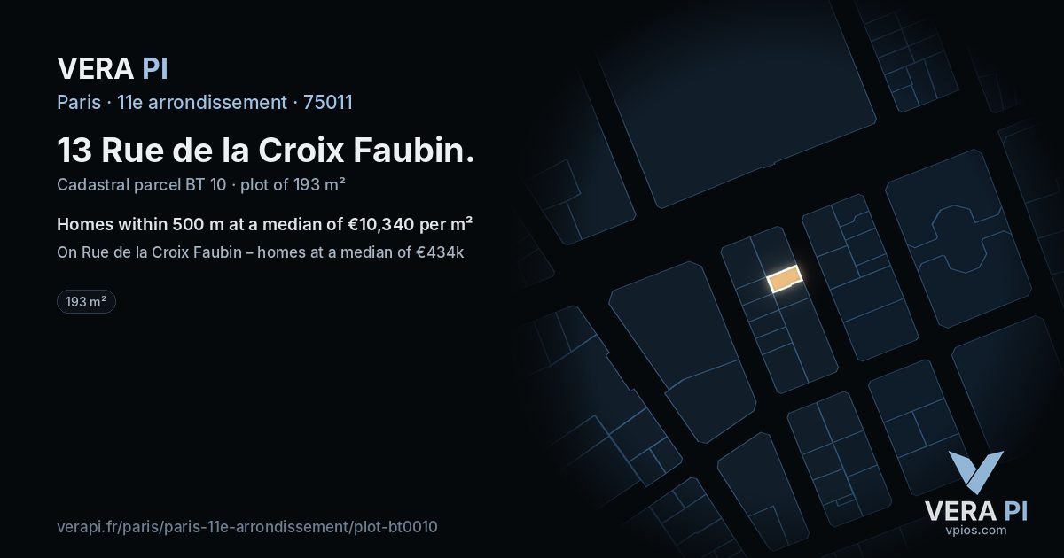 13 Rue de la Croix Faubin, 11e arrondissement at night – the plot lit, the parcels around coloured by the prices near them