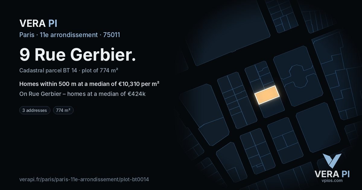 9 Rue Gerbier, 11e arrondissement at night – the plot lit, the parcels around coloured by the prices near them