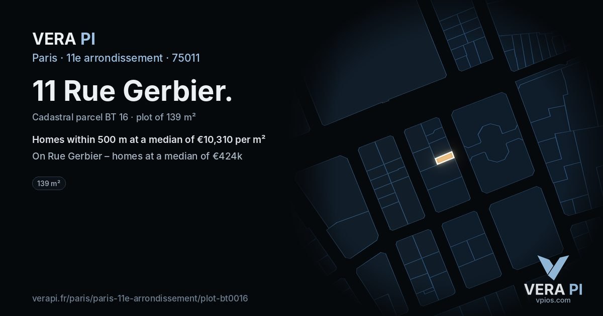 11 Rue Gerbier, 11e arrondissement at night – the plot lit, the parcels around coloured by the prices near them