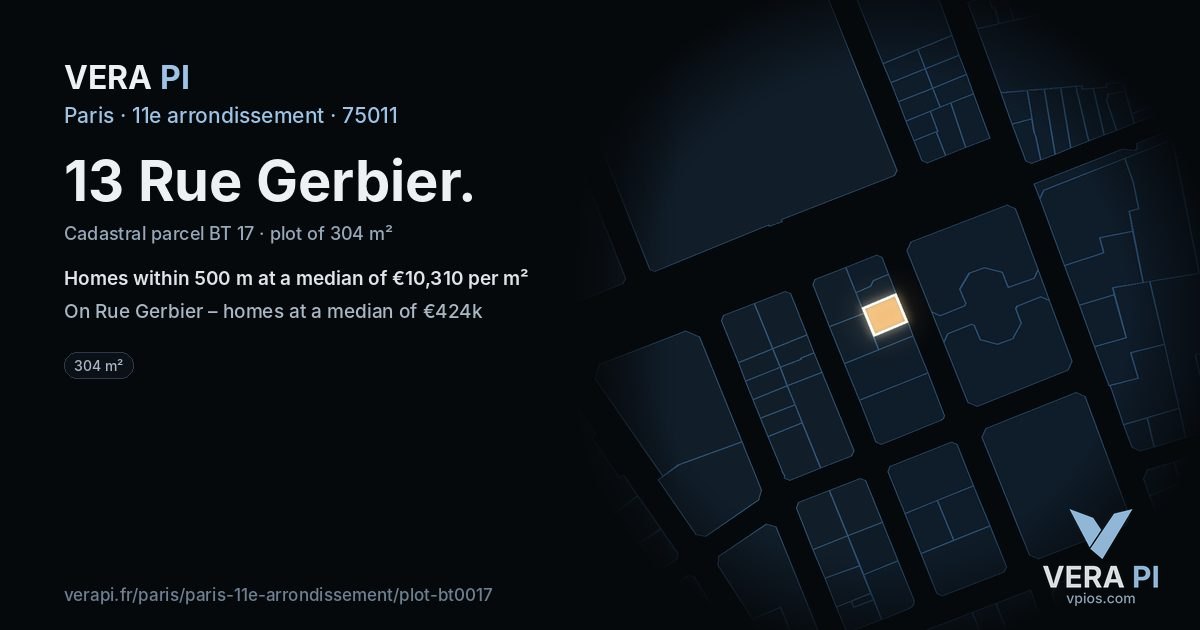 13 Rue Gerbier, 11e arrondissement at night – the plot lit, the parcels around coloured by the prices near them