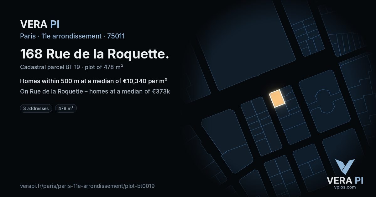 168 Rue de la Roquette, 11e arrondissement at night – the plot lit, the parcels around coloured by the prices near them