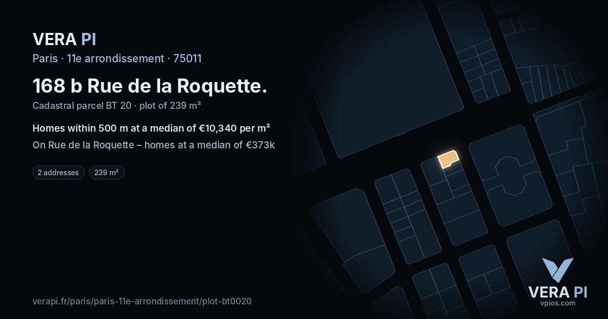 168 b Rue de la Roquette, 11e arrondissement at night – the plot lit, the parcels around coloured by the prices near them