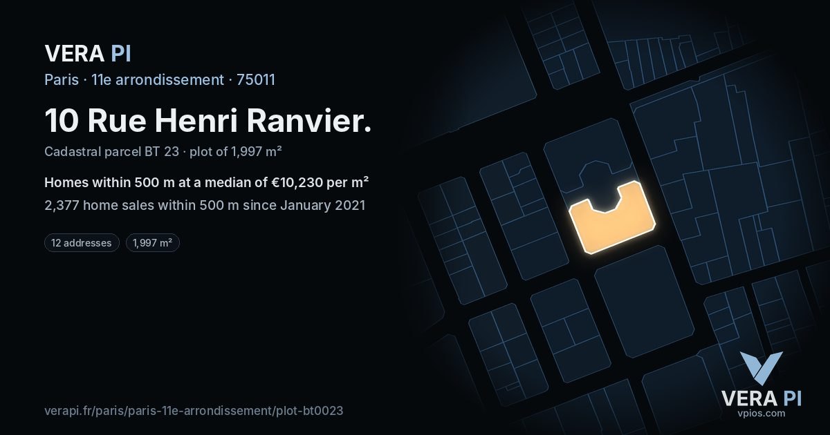 10 Rue Henri Ranvier, 11e arrondissement at night – the plot lit, the parcels around coloured by the prices near them
