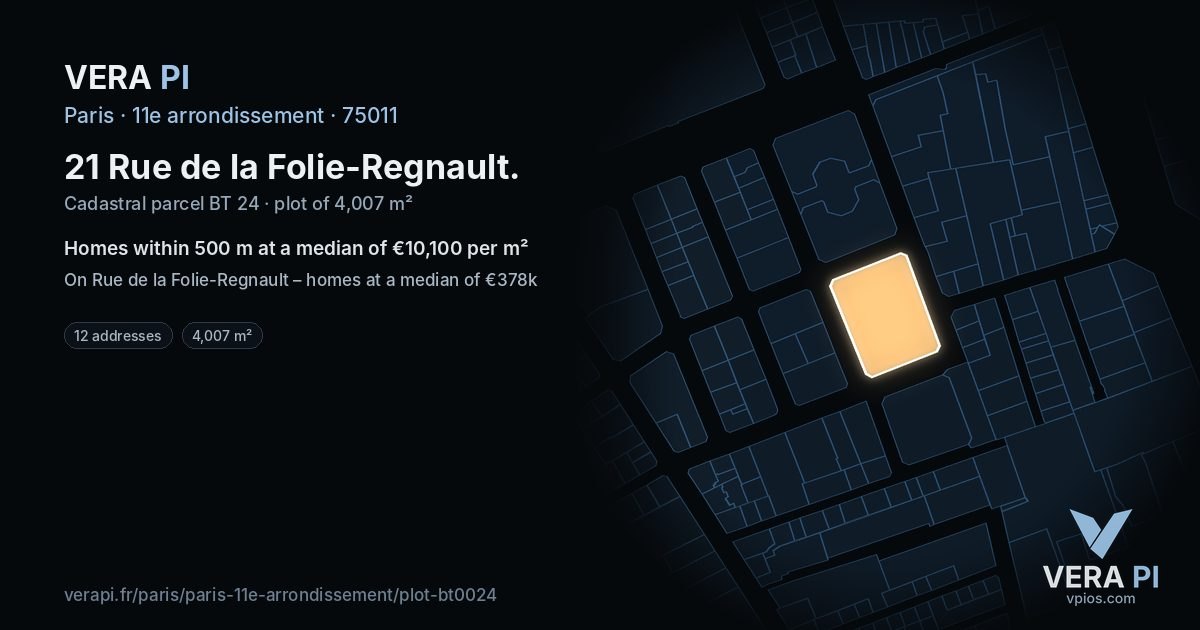 21 Rue de la Folie-Regnault, 11e arrondissement at night – the plot lit, the parcels around coloured by the prices near them