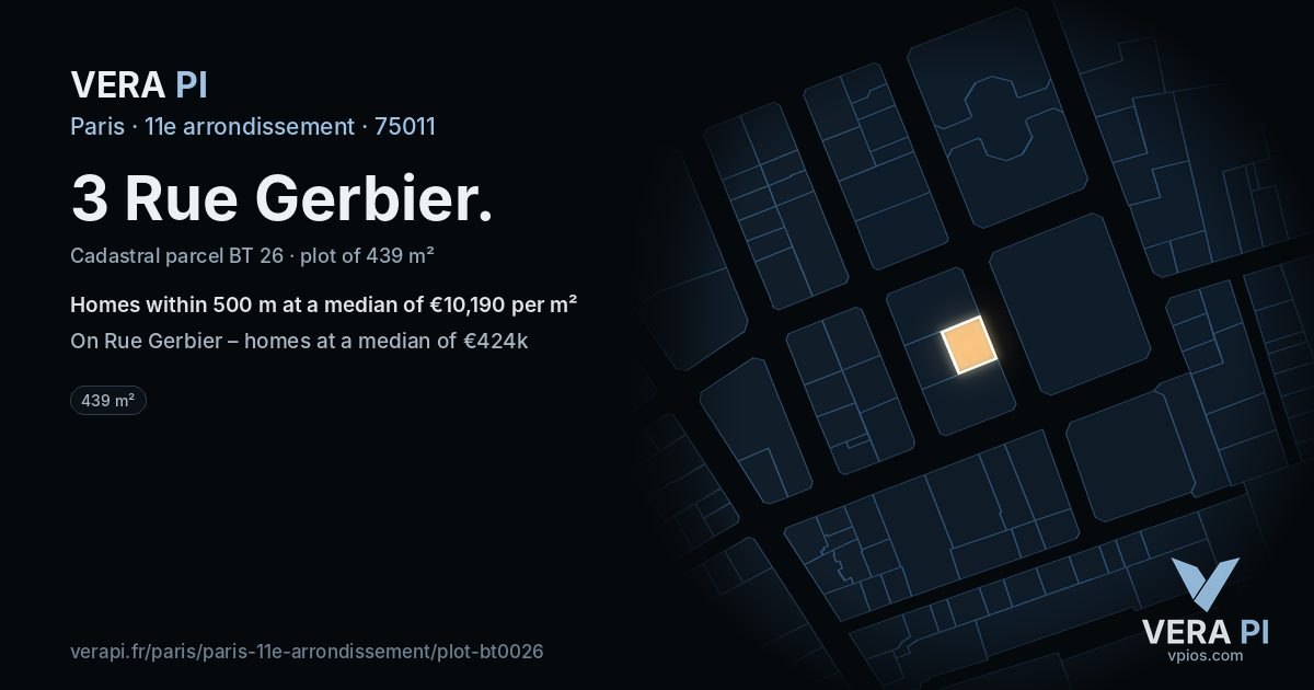 3 Rue Gerbier, 11e arrondissement at night – the plot lit, the parcels around coloured by the prices near them