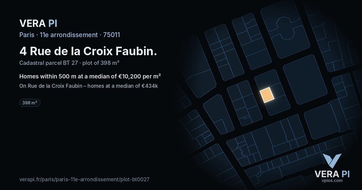 4 Rue de la Croix Faubin, 11e arrondissement at night – the plot lit, the parcels around coloured by the prices near them