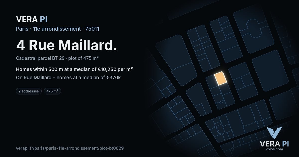 4 Rue Maillard, 11e arrondissement at night – the plot lit, the parcels around coloured by the prices near them