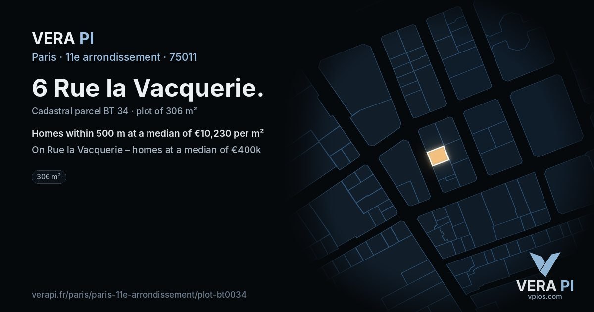 6 Rue la Vacquerie, 11e arrondissement at night – the plot lit, the parcels around coloured by the prices near them