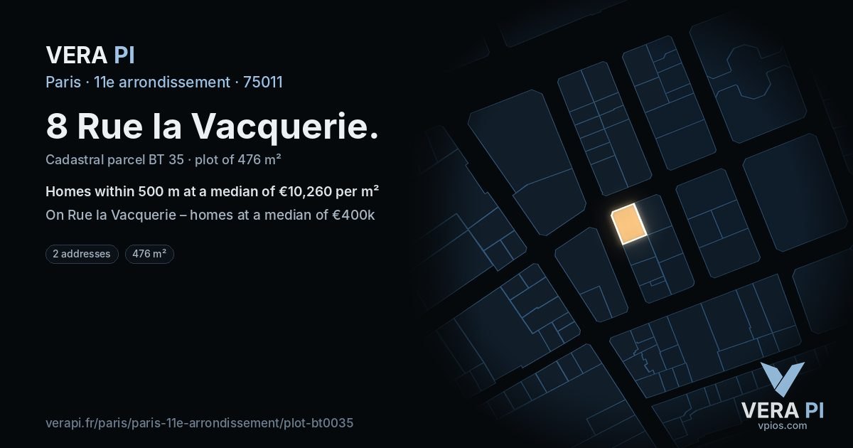 8 Rue la Vacquerie, 11e arrondissement at night – the plot lit, the parcels around coloured by the prices near them