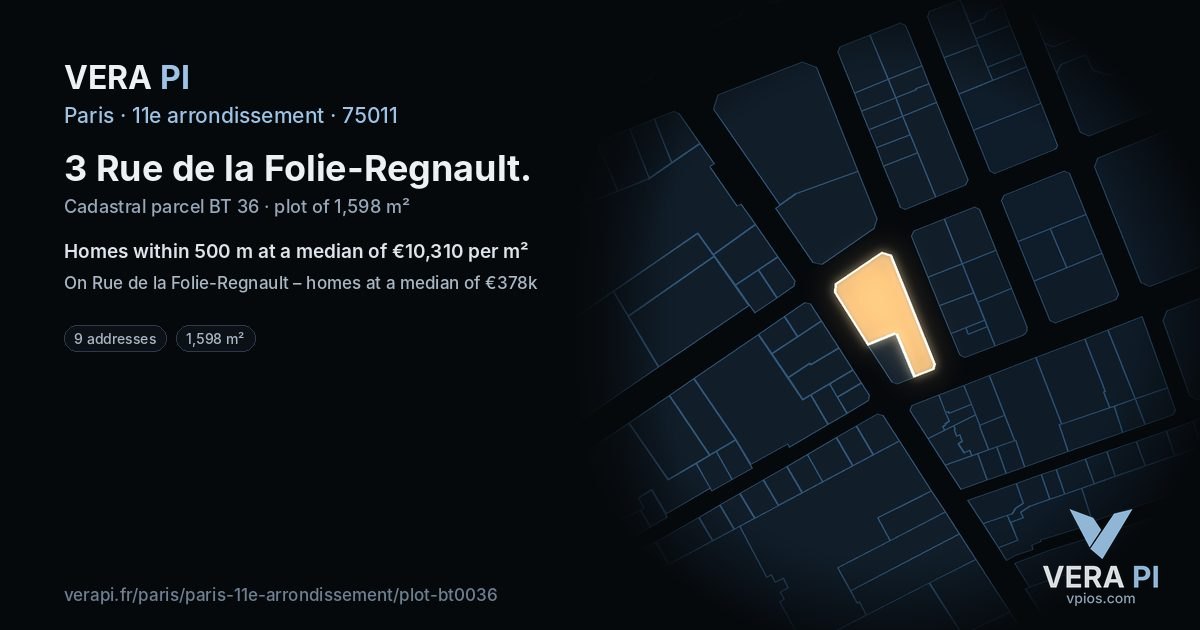 3 Rue de la Folie-Regnault, 11e arrondissement at night – the plot lit, the parcels around coloured by the prices near them