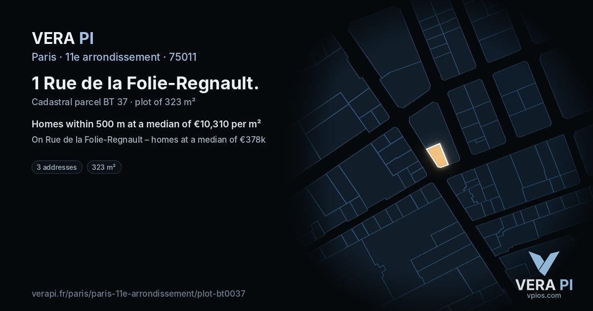 1 Rue de la Folie-Regnault, 11e arrondissement at night – the plot lit, the parcels around coloured by the prices near them
